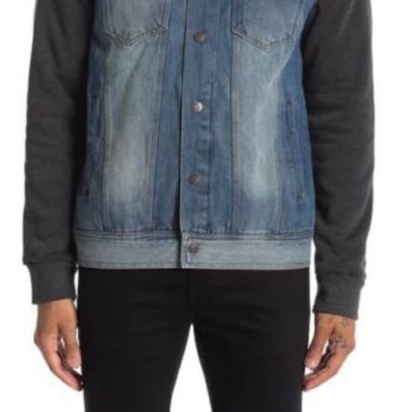 PX Men's Quinn Blue Denim Jacket with Detachable Hoodie Point collar Size Large - Picture 4 of 7